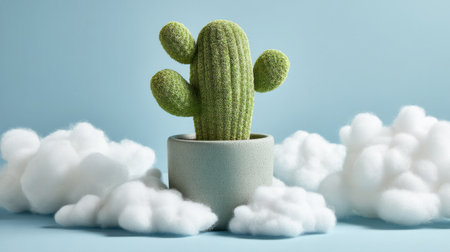 A vibrant green cactus stands upright in a sleek pot, surrounded by soft white cloud shapes, creating a serene and contemporary atmosphere.の素材
