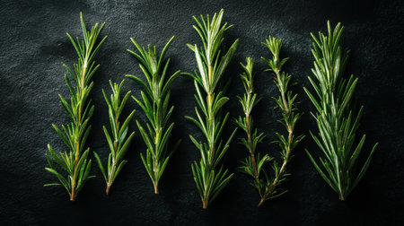 A stunning display of fresh rosemary sprigs arranged on a dark surface, highlighting the vibrant green hues and textured leaves. Perfect for culinary projects.の素材