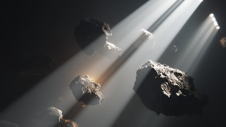This captivating image features an asteroid field illuminated by rays of light, floating rocks create a mysterious atmosphere in deep space.の素材