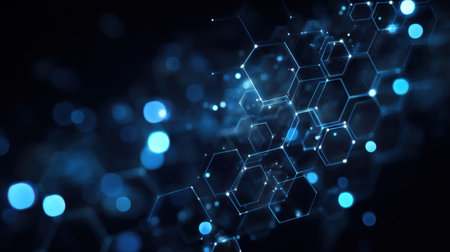 Stunning abstract representation featuring glowing blue hexagons and circles against a dark background. Perfect for technology and digital themes.の素材