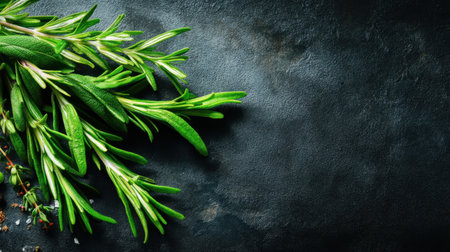 Vibrant green rosemary sprigs displayed on a dark stone surface, showcasing the beauty of fresh herbs for culinary use and decoration.の素材