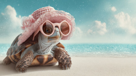 A charming turtle wears pink sunglasses and a sun hat while relaxing on a sandy beach, creating a whimsical scene of seaside fun and leisure.の素材