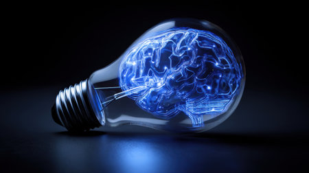This striking image features a light bulb with a vibrant brain inside, symbolizing the fusion of creativity and innovation. Ideal for concepts illustrating intelligence and artistic vision.の素材