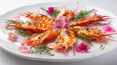 A stunning gourmet plate showcasing grilled shrimp artfully arranged with fresh herbs and delicate edible flowers for a vibrant presentation.の素材
