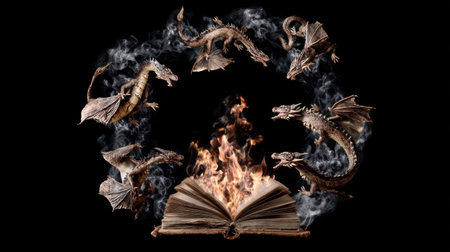 A captivating scene featuring enchanting dragons encircling an open book, with vibrant flames and mystical smoke, creating a mesmerizing fantasy atmosphere.の素材