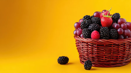 A woven basket overflowing with fresh strawberries, raspberries, blackberries, and grapes sits against a bright yellow backdrop, ideal for vibrant food photography showcasing healthy eating.の素材