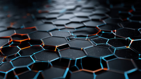 This modern abstract background features a hexagonal pattern with glowing edges, creating a futuristic look ideal for technology and design projects.の素材