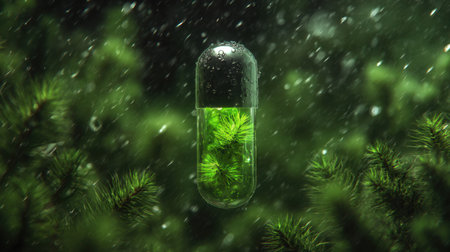 A captivating green capsule floats in a serene forest surrounded by lush pine needles, creating a refreshing and mystical atmosphere with rain and fog.の素材