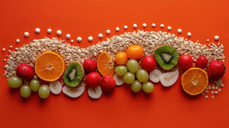 This vibrant photo showcases a beautiful array of fresh fruits and oats on a striking orange background, perfect for promoting healthy eating and wellness themes.の素材
