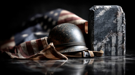 A vintage military helmet rests beside a stone marker against a backdrop of a tattered American flag, symbolizing sacrifice and remembrance.の素材