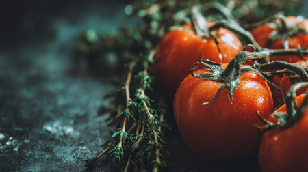 This captivating image showcases fresh ripe tomatoes with green stems placed alongside aromatic thyme herbs on a dark rustic surface. Ideal for culinary themes.の素材