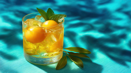 A vibrant yellow cocktail served in a clear glass with ice, garnished with mint leaves, perfect for summer refreshing moments.の素材