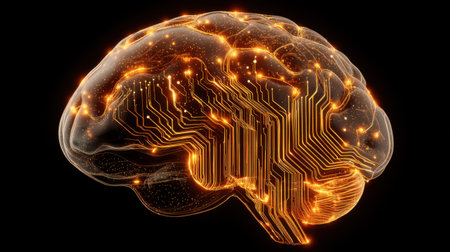 This striking digital artwork illustrates a human brain integrated with circuit patterns and glowing lights, representing innovation and intelligence.の素材