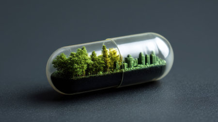 A striking capsule showcases a miniature forest alongside an urban cityscape, symbolizing the harmony between nature and cities, emphasizing sustainability.の素材