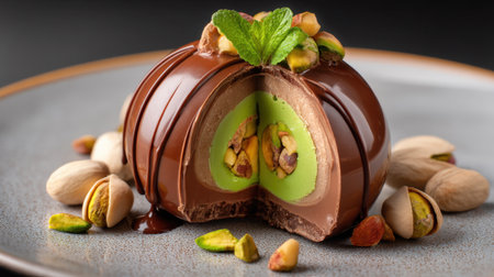 This exquisite chocolate dessert features a rich exterior, creamy pistachio filling, and is beautifully garnished with nuts and mint.の素材