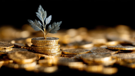 A vibrant green plant emerges from a stack of shiny gold coins, symbolizing growth, financial success, and the connection between nature and wealth.の素材