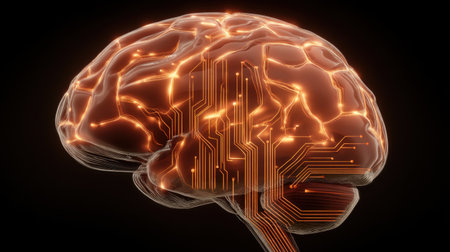 This futuristic image showcases a glowing brain with intricate circuit patterns, representing the merging of technology and human cognition in an innovative landscape.の素材