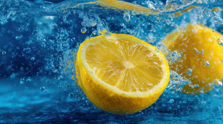 Fresh lemon slices create a stunning visual as they splash into crystal clear water, surrounded by lively bubbles against a vibrant blue backdrop.の素材