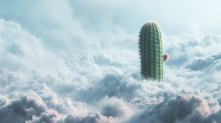 A striking visual of a cactus emerging majestically from soft clouds, creating a surreal scene that evokes feelings of tranquility and wonder.の素材