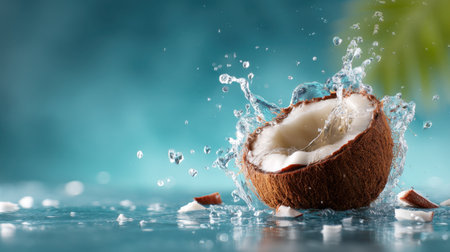 A coconut half splashes water against a vibrant blue background, capturing a refreshing tropical vibe. Ideal for culinary and beverage themes.の素材