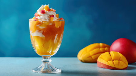 A refreshing mango dessert served in an elegant glass topped with cream and colorful fruit pieces, perfect for summer gatherings and celebrations.の素材