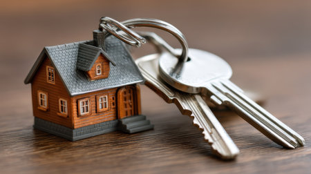A close-up view showcasing a miniature house model alongside keys on a wooden surface, capturing the essence of home ownership and real estate investment.の素材