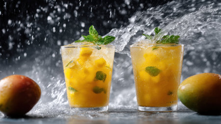 Two refreshing mango drinks with mint leaves sit in glasses, capturing the essence of summer while water splashes around them. Perfect for a vibrant beverage.の素材