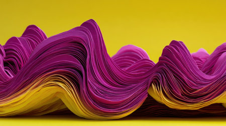 This image showcases a stunning composition of wavy paper layers in pink and yellow hues, creating a visually striking abstract landscape.の素材