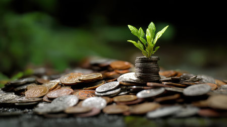 A captivating image showcasing a vibrant green plant emerging from a stack of coins, symbolizing financial growth and the harmony of nature and economy.の素材