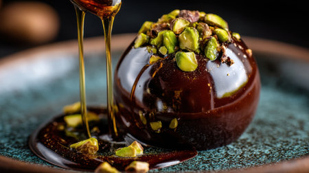 A stunning chocolate sphere topped with pistachios and drizzled with syrup, set on a beautiful plate, showcasing gourmet dessert artistry.の素材