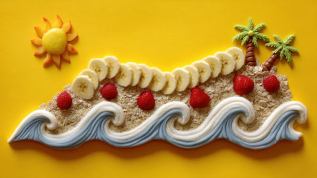 A vibrant beach scene created using fresh fruits, oats, and bright colors, perfect for creative projects or summer-themed ideas.の素材