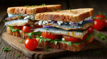 A close-up image of a gourmet sandwich featuring layers of smoked fish, fresh vegetables, and creamy spread, showcasing vibrant colors and textures.の素材
