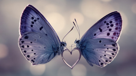 A stunning image showcasing two delicate butterflies in a heart shape against a soft bokeh background, emphasizing beauty and romance.の素材