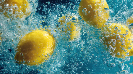 This captivating image showcases fresh lemons splashing into clear water, surrounded by vibrant bubbles, offering a refreshing and lively visual experience.の素材