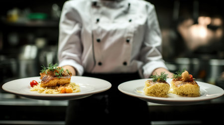 A skilled chef presents two exquisite gourmet dishes in a busy kitchen. Each plate showcases meticulous preparation and colorful garnishes.の素材