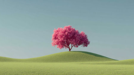 A vibrant pink tree stands alone on rolling green hills beneath a bright blue sky, creating a serene and picturesque landscape perfect for outdoor themes.の素材