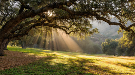 A serene landscape featuring majestic oak trees with dappled sunlight filtering through their branches, casting gentle rays on a lush green meadow.の素材
