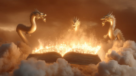 A captivating scene showcasing three fierce dragons emerging from a flaming open book, enveloped in clouds and flames. Ideal for fantasy themes.の素材