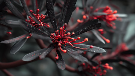 A stunning close-up view of vibrant red flower blossoms surrounded by rich dark green leaves, showcasing the beauty and detail of nature's artistry.の素材