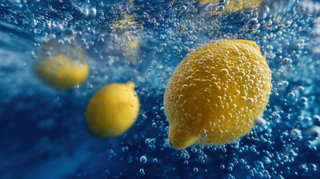 Discover the vibrant beauty of fresh lemons splashing in water, surrounded by bubbles, creating a refreshing and invigorating scene perfect for culinary inspiration.の素材