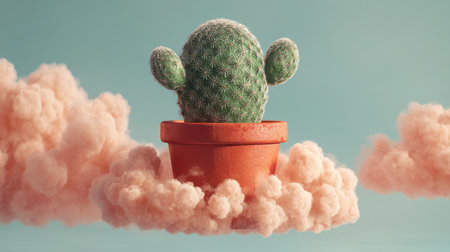 A charming cactus nestled in a terracotta pot floats among soft pink clouds, creating a unique and serene atmosphere for any creative project.の素材
