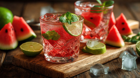 A vibrant summer cocktail featuring fresh watermelon, zesty lime, and aromatic mint, served over ice in a classic glass, ideal for outdoor gatherings.の素材