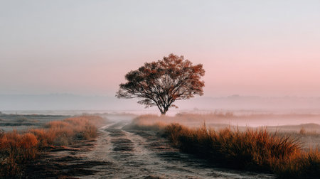 A tranquil landscape at dawn showcasing a lone tree amidst a misty environment. A dirt road meanders through the scene, inviting exploration.の素材