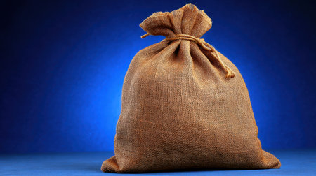 A classic brown burlap sack sitting against a smooth gradient background, ideal for concepts of storage, simplicity, and traditional commerce themes.の素材