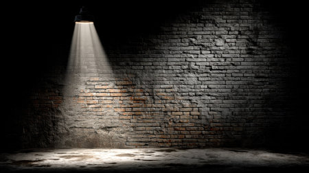 This unique image depicts an empty dim room with a spotlight on a rough brick wall, creating dramatic shadows and highlighting imperfections in the space.の素材