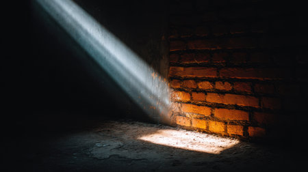 A captivating image featuring a beam of light piercing through darkness, highlighting the rough texture of a brick wall. The warm tones create a serene and dramatic atmosphere.の素材