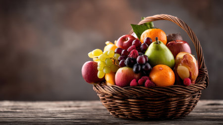 A lush arrangement of various fresh fruits including apples, pears, grapes, and berries in a rustic basket, perfect for healthy living.の素材