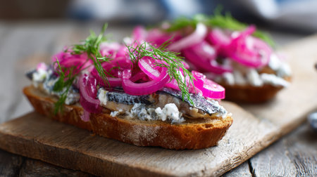 This appetizing open-faced sandwich features herring topped with vibrant pickled onions and fresh dill on a rustic wooden board. Perfect for lunch or snacks.の素材
