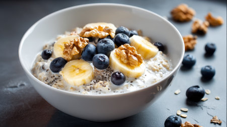 A vibrant bowl of healthy breakfast featuring creamy oats topped with sliced bananas, fresh blueberries, and walnuts, perfect for nutritious mornings.の素材
