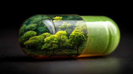 A striking green capsule encapsulates a vibrant forest, symbolizing the connection between health and nature, inspiring wellness and sustainability.の素材